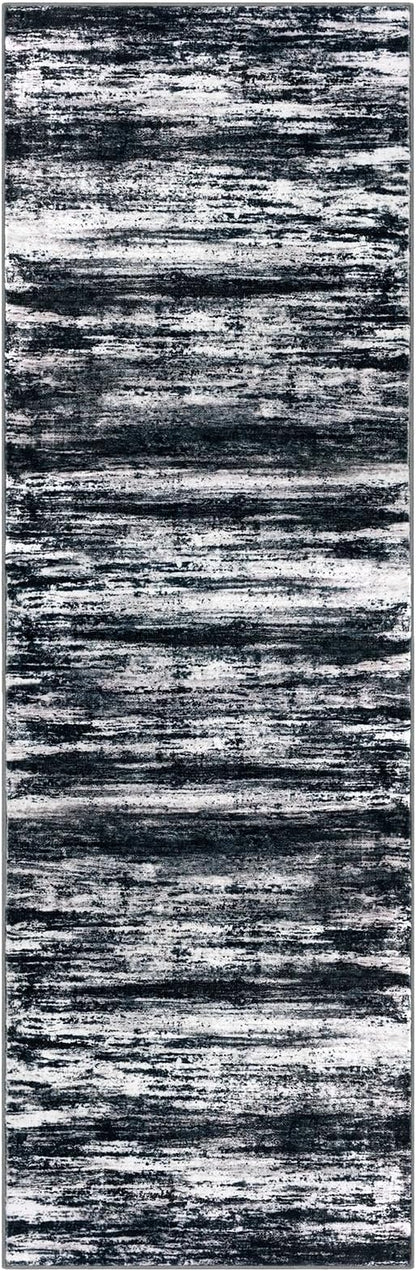 KOZYFLY Modern Abstract Kitchen Runner Rug, 2x6 Washable Rug Runner Non-Slip Soft Striped Hallway Runner Rugs, Black Navy Blue Grey Carpet Runner for Entryway Bathroom Laundry Room Foyer