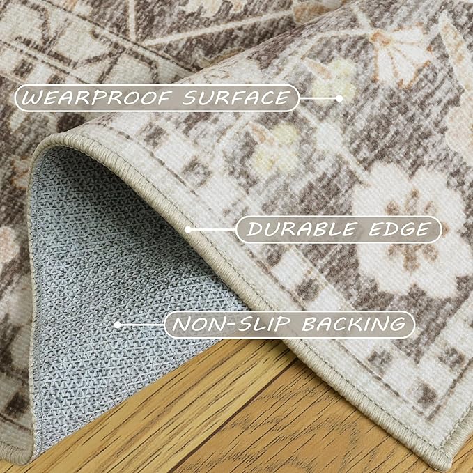 7X9 Area Rugs Machine Washable Rugs for Living Room Bedroom Hallway, Non Slip Indoor Soft Accent Distressed Boho Vintage Print Lightweight Thin Low Pile Carpet (Deep Brown/Gold, 7x9)