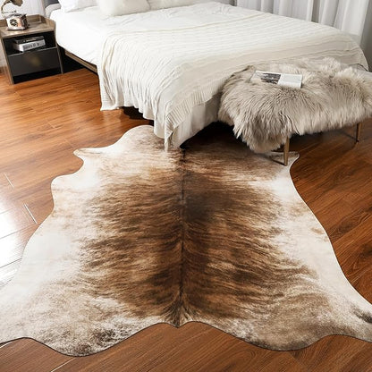 AROGAN 8x10 Feet Faux Cowhide Area Rugs for Living Room, Animal Skins Cow Hide Rug for Bedroom, Cool Western Christmas Decor, Thin Leather Cow Hide Carpets Fireplace Rug, Brownish