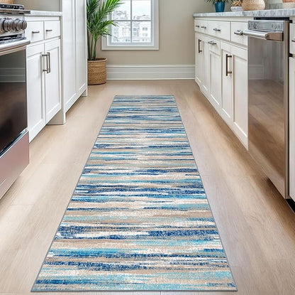 Lansny Modern Abstract Runner Rug 2.6x8, Blue Washable Kitchen Runner Non-Slip Soft Hallway Rug Runner Thin Print Faux Wool Carpet for Entryway Bedroom Laundry Room Indoor Home Decor