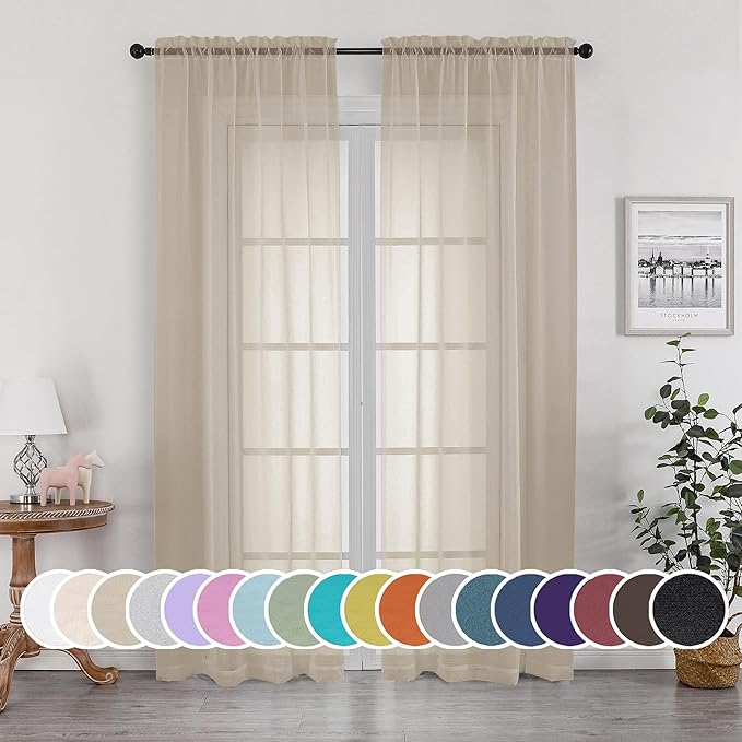 OWENIE Taupe Sheer Curtains 90 Inches Long for Bedroom Living Room 2 Panels Set, Rod Pocket Solid Taupe Curtains, Soft Touch Elegant Voile Curtains & Drapes for Nursery, 42"x90", 2 Pcs