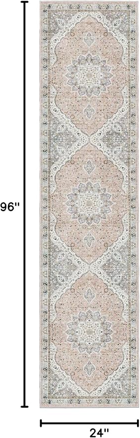 Madane Runner Rug 2x8, Washable Hallway Runner Rugs, Non-Slip Low-Pile Soft Kitchen Rug Runner Laundry Room Rug, Vintage Throw Entry Foyer Mat for Entrance Living Room (Pink/Gray, 2 x 8)