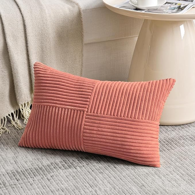 Fancy Homi 2 Packs Coral Lumbar Decorative Throw Pillow Covers 16x32 Inch for Living Room Couch, Rustic Farmhouse Boho Home Decor, Soft Striped Corduroy Rectangle Accent Peach Cushion Case 40x80 cm