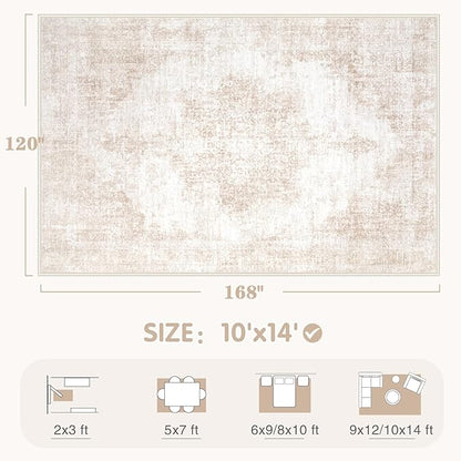 Area Rug 10x14 Vintage Rugs: Large Washable Living Room Rug Retro Medallion Distressed Soft Low Pile Non-Slip Rugs Indoor Floor Carpet for Bedroom Nursery Dining Table Office (Beige/Brown,10'x14')