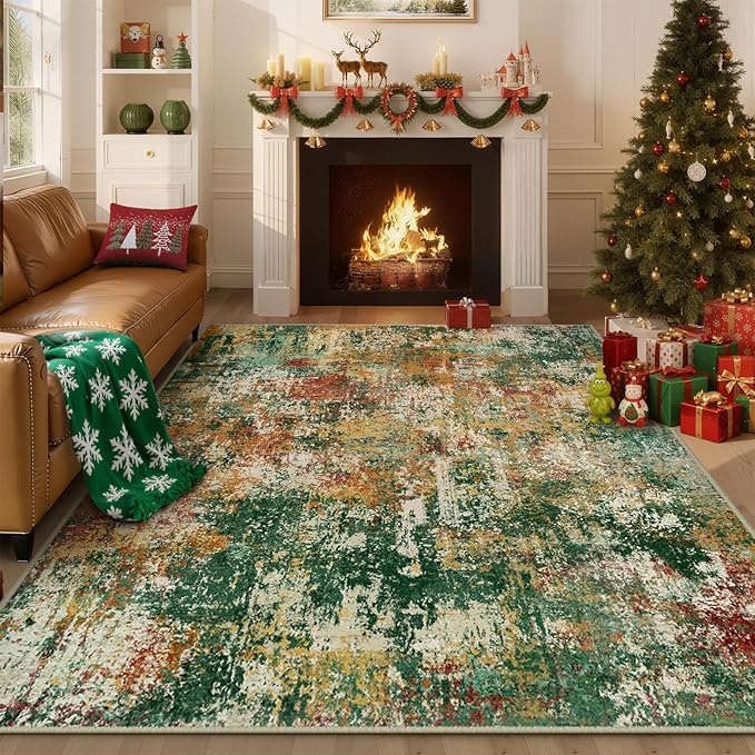 Washable Area Rugs 4'x6' Non-Slip Modern Abstract Soft for Living Room Entryway Bedroom Nursery, Print Pattern, Green Orange Rust Red Cream Colorful