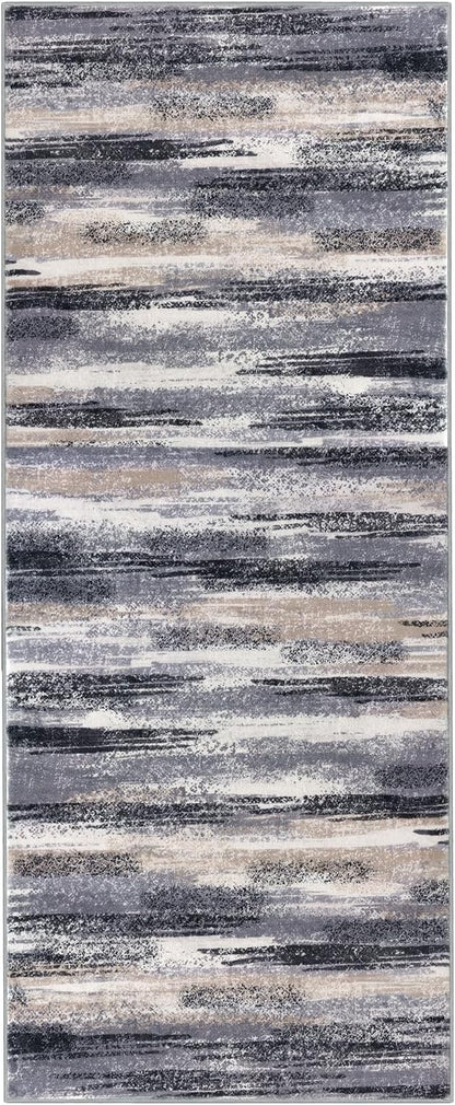 Lansny Modern Abstract Runner Rug 2x5, Grey Black Multi Washable Kitchen Runner Entryway Rug Mat Non-Slip Soft Hallway Rug Runner Thin Print Faux Wool Carpet for Bedroom Laundry Room Indoor