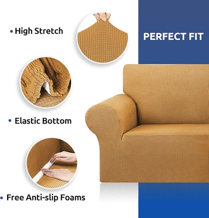 KEKUOU Stretch Sofa Cover Slipcover ，Couch Covers for 3 Cushion Couch Sofa pet Friendly (78"-94") Furniture Protector Sofa with Elastic Bottom for Kids,Dog, Jacquard Small Checked(Large,Golden)