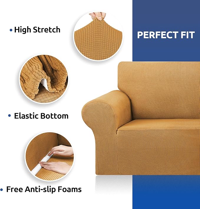 KEKUOU Stretch Oversized Sofa Slipcover 1 Piece Couch Sofa Cover (94"-110") Furniture Protector 4 Seater Sofa with Elastic Bottom for Kids,Pet.Jacquard Checked Pattern Fabric(X Large,Golden)
