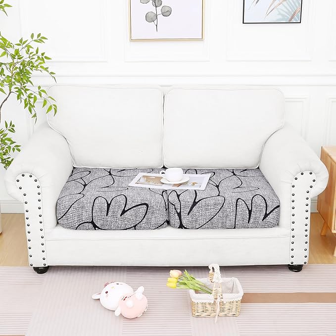 Smiry Printed Couch Cushion Covers, Stretch Soft Couch Covers for Sofa, Washable Non-Slip Sofa Slipcover Furniture Protector for Indoor and Outdoor (2 Pack, Grey and Black)