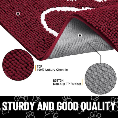 Smiry Dog Door Mat for Muddy Paws, Absorbent Dirt Trapper Non Slip Quick Dry Washable Chenille Mat for Mud Dogs, Entry Rug for Indoor and Outdoor (36x24 Inches, Burgundy and White)