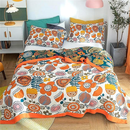 MSGKV Cotton Throw Blanket for Couch Bed 90''x98'', Floral Soft Farmhouse Blanket Spring Decorative Quilt Gifts for Women Muslin