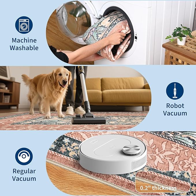 GarveeHome Terracotta Teal Area Rugs 9x12 Living Room, Botanical Grove Cottage core Washable Non-Slip Rug for Bedroom Dining Nursery Low-Pile Vintage Large Soft Carpet
