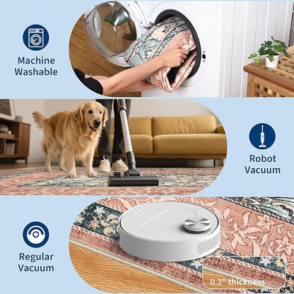 GarveeHome Terracotta Teal 2x6 Washable Kitchen Runner Rugs Non Slip Provence Botanical Grove Vintage Boho Cottage Long Rug for Hallways Bedroom TPE Rubber Backing