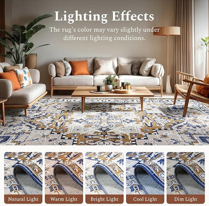 Rugflix 9x12 Area Rug for Living Room, Machine Washable Area Rugs with Non-Slip Backing, Large Soft Boho Vintage Rug for Bedroom, Dining Room, Low Pile Carpet, Kids Pet Friendly, Brown Beige