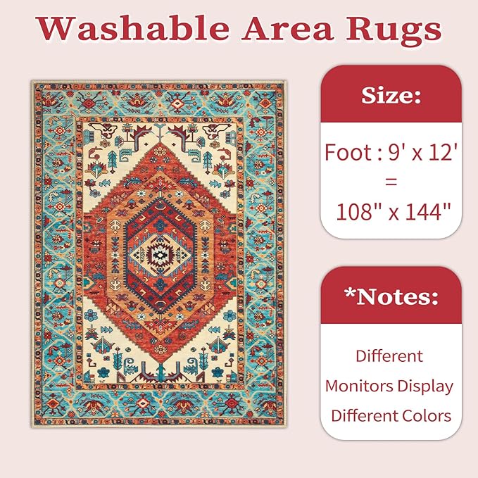 SERISSA Washable Rugs 9x12 Area Rugs, Large Non-Slip Boho Living Room Rug, Ultra Soft Vintage Orange Print Distressed Oriental Farmhouse Carpet for Dining Room Bedroom Dorm Office Home Decor