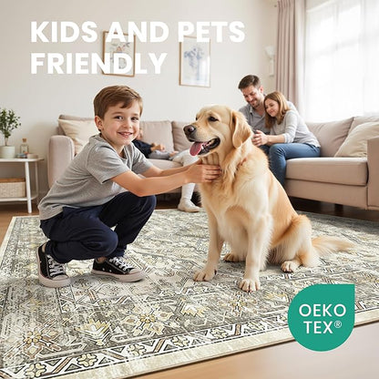 zesthome 5x7 Area Rugs - Ultra-Thin Washble Rug, Stain Resistant Anti Slip Backing Rugs for Living Room,Bedroom, Vintage Home Decor Area Rug (Beige/Brown,5'x7')