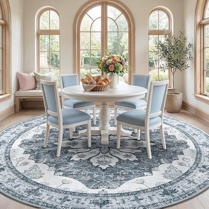 Area Rugs 8ft Washable Non-Slip, Floral Vintage Distress Print Pattern Medallion Carpet for Living Room Bedroom Dining Room, Light Gray Grey White