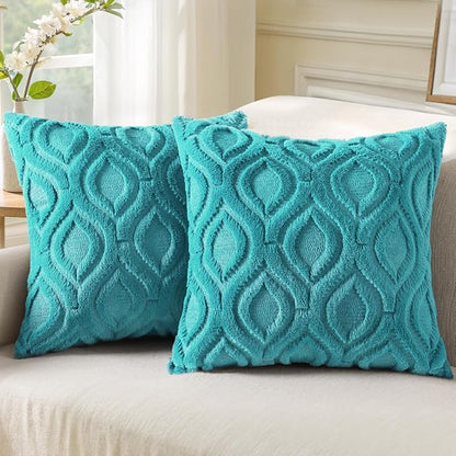 decorUhome Summer Throw Pillow Covers 16x16 Inch Set of 2, Soft Plush Faux Wool Turquoise Solid Couch Pillow Covers, Accent Farmhouse Neutral Square Pillow Cases for Sofa Bed Living Room