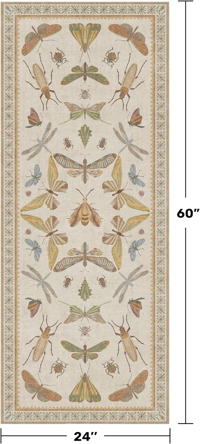Hazo Haus Boho 2x5 Long Bathroom Rug - Laundry Room Rug Runner for Kitchen, Washable Non Slip Soft Stain Reistant Beige and Yellow Neutral Insect Design Decor