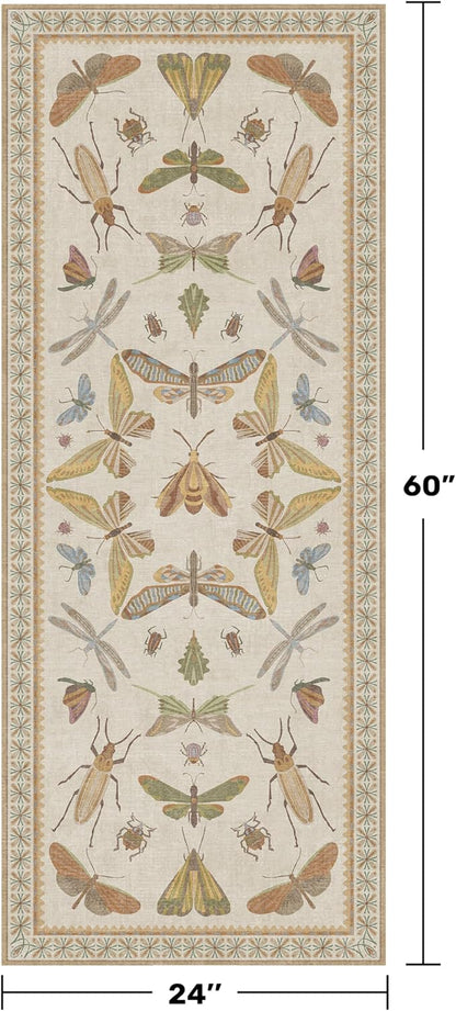 Hazo Haus Boho 2x5 Long Bathroom Rug - Laundry Room Rug Runner for Kitchen, Washable Non Slip Soft Stain Reistant Beige and Yellow Neutral Insect Design Decor