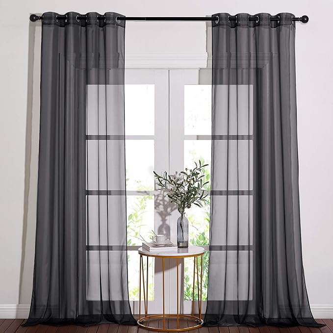 NICETOWN 96" Long Sheer Curtains - Nickel Grommet Top Lighter Weight Airy Window Voile Panel Decorations for Living Room (W54 Inches, Black, 1 Pair)