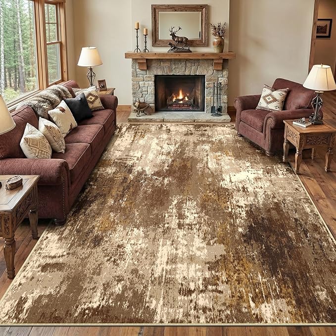 Washable Area Rugs 6'x9' Non-Slip Modern Abstract Soft for Living Room Entryway Bedroom Nursery, Print Pattern, Brown Tan Beige Coffee