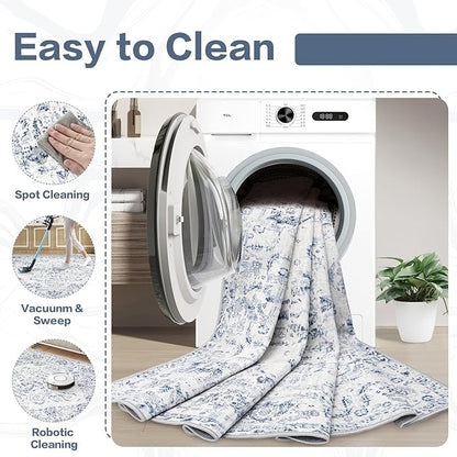 10x14 Area Rugs for Living Room: Washable Rug Vintage Large Rugs Soft Non Slip Low Pile Rug Floral Distressed Floor Carpet for Bedroom Nursery Dining Room Home Office (Blue,10'x14')