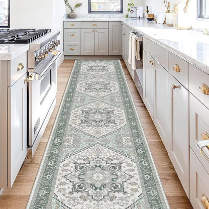 OPPODREAM Soft Entryway Rug 2x10, 2x10 Rug Runner, Washable Hallways Carpet 2 x 10 with Non Slip Backing, Low-Pile Bedside Carpet 2 x 10, Long, Faux Cashmere, Green