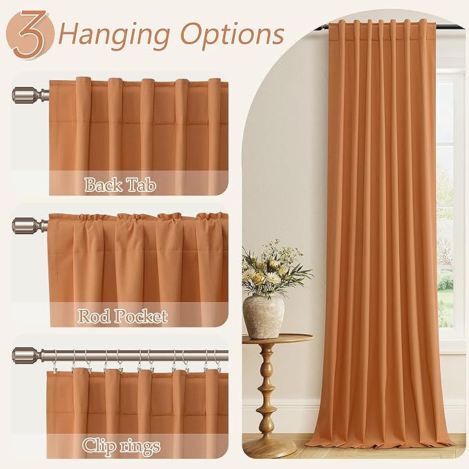 Guken Orange 100% Blackout Linen Curtains 102 Inch Length 2 Panels Set for Living Room Bedroom Back Tab Thermal Insulated 100% Black Out Drapes Room Darkening Farmhouse Window Curtains, 52x102