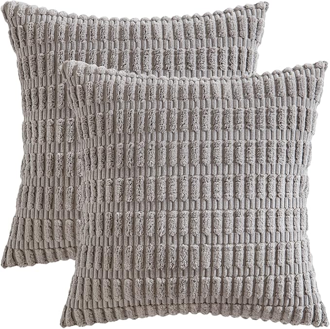 MIULEE Pack of 2 Corduroy Decorative Throw Pillow Covers 12x12 Inch Soft Boho Striped Pillow Covers Modern Farmhouse Home Decor for Sofa Living Room Couch Bed Light Grey