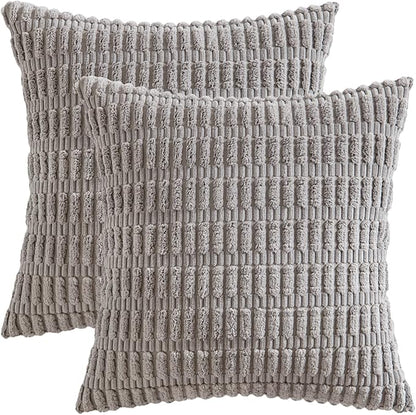 MIULEE Pack of 2 Corduroy Decorative Throw Pillow Covers 12x12 Inch Soft Boho Striped Pillow Covers Modern Farmhouse Home Decor for Sofa Living Room Couch Bed Light Grey