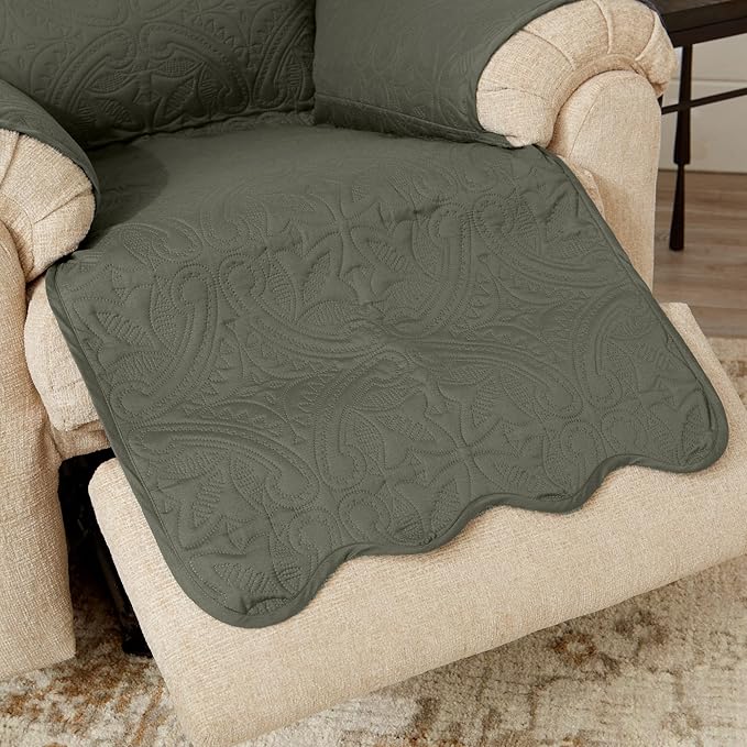 Great Bay Home Reversible Recliner Chair Cover - Washable Slipcover Furniture Protector with Elastic Straps - Perfect for Kids & Pets - Quilted & Stitched Detail (Sage Green/Light Gray)