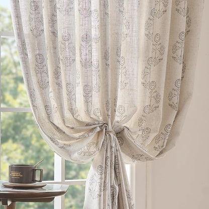 jinchan Linen Floral Curtains for Living Room 84 Inch Length Gray Flower Cottage Core Farmhouse Curtains Rod Pocket Back Tab Boho Semi Sheer Window Drapes Bedroom Set 2 Panels Grey on Beige