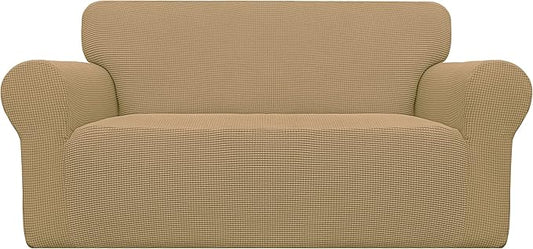 Easy-Going Stretch Loveseat Slipcover 1-Piece Sofa Cover Furniture Protector Couch Soft with Elastic Bottom for Kids Polyester Spandex Jacquard Fabric Small Checks (Loveseat, Golden)