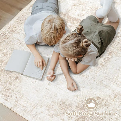 Area Rug 6x9 Washable Rug, Vintage Boho Medallion Rugs Non-Slip Soft Low Pile Large Distressed Rug Indoor Retro Carpet for Living Room Bedroom Dining Room Home Office (Beige, 6'x9')