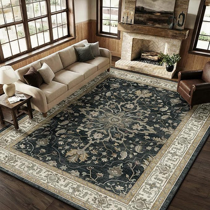 Area Rugs 9'x12' Washable Non-Slip, Floral Vintage Distress Print Pattern Medallion Carpet for Living Room Bedroom Dining Room, Vintage Black Brown Neutral