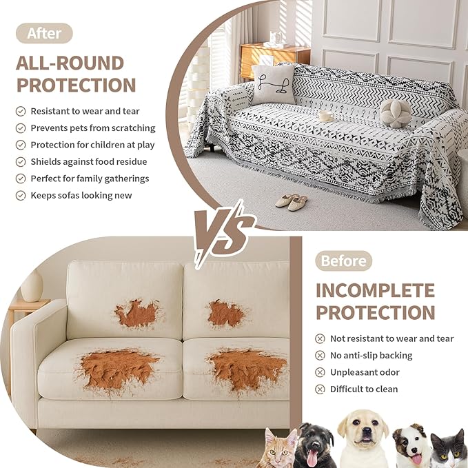 Boho Chenille Couch Cover for Dogs, Non Slip Sofa Cover, Couch Slipcover Covers for 3 Cushion, Furniture Protector with Tassels for Pets Washable, 71"x118", Geometric Black