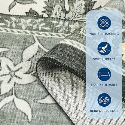 GarveeHome Provence 6x9 Area Rugs, Botanical Grove Soft Cottagecore Non-Slip Washable Rug for Bedroom Living Room Nursery Kitchen Low-Pile Retro Carpet Gray Fog Green