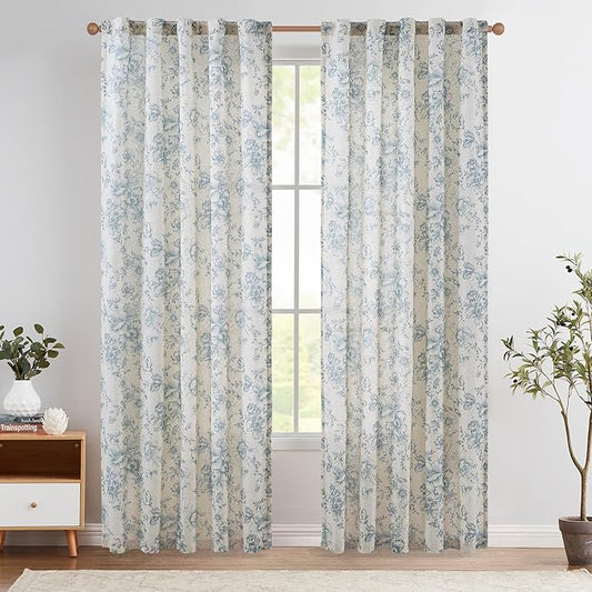 jinchan Linen Blend Curtain Floral Curtains for Living Room 90 Inch Length Blue Printed Curtain Rod Pocket Back Tab Farmhouse Peony Flower Patterned Drapes Bedroom Window Curtains Set 2 Panels