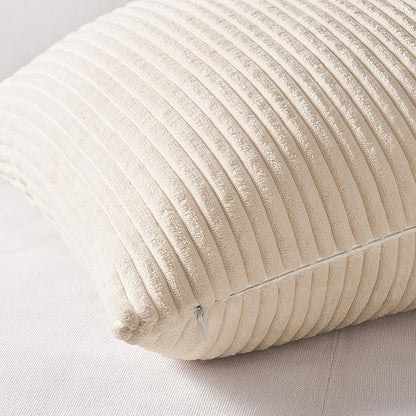 Topfinel 4 Packs Neutral Decorative Throw Pillows Covers 24x24 Inch for Living Room Couch Bed Sofa, Rustic Farmhouse Boho Neutral Home Decor, Soft Plush Striped Corduroy Square Cushion Case 60x60 cm