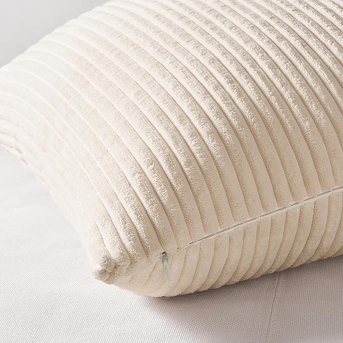 Topfinel 4 Packs Neutral Decorative Throw Pillows Covers 20x20 Inch for Living Room Couch Bed Sofa, Rustic Farmhouse Boho Neutral Home Decor, Soft Plush Striped Corduroy Square Cushion Case 50x50 cm