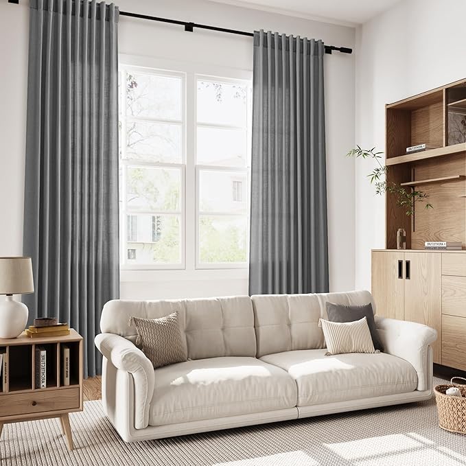 Nanspring Blazer Grey Cutains Morden Linen Blend Light Filtering Back Tab Curtains for Long Winodws 120 Inches Length, Semi Sheer Privacy Extra Long Drapes for Living Room, 52x120 inch, 2 Panels