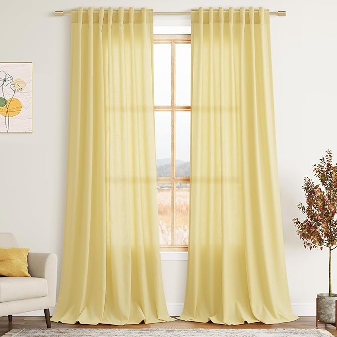 Yellow Linen Semi Sheer Curtains 108 Inches Long 2 Panels Set Back Tab Loop Pocket Linen Blend Boho Decor Large Window Curtain Extra Long Light Filtering Drapes High Ceiling for Living Room 52x108