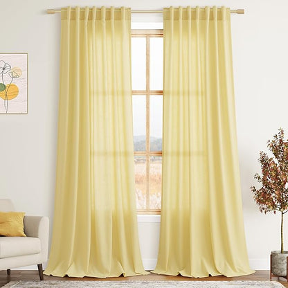 Yellow Linen Textured 96 Inch Curtains 2 Panel Set Back Tab Rod Pocket Sheer Light Filtering Boho Room Decor Aesthetic Curtain Burlap Look Curtain Drapes for Living Room Bedroom 8Ft 52x96 Inch