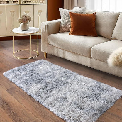 Ultra Soft Runner Rugs for Bedroom Hallways with Upgraded Non-Slip Rubber Backing & Thick Memory Sponge, 2x4 Feet Fluffy Shag Throw Area Rug for Bedside Dorm Tie-dye Light Grey