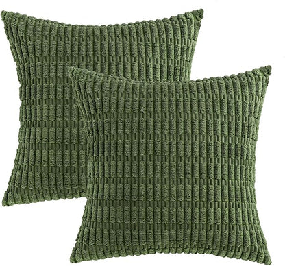 MIULEE Pack of 2 Spring Corduroy Decorative Throw Pillow Covers 20x20 Inch Soft Boho Striped Pillow Covers Modern Farmhouse Home Decor for Summer Sofa Living Room Couch Bed Moss Green