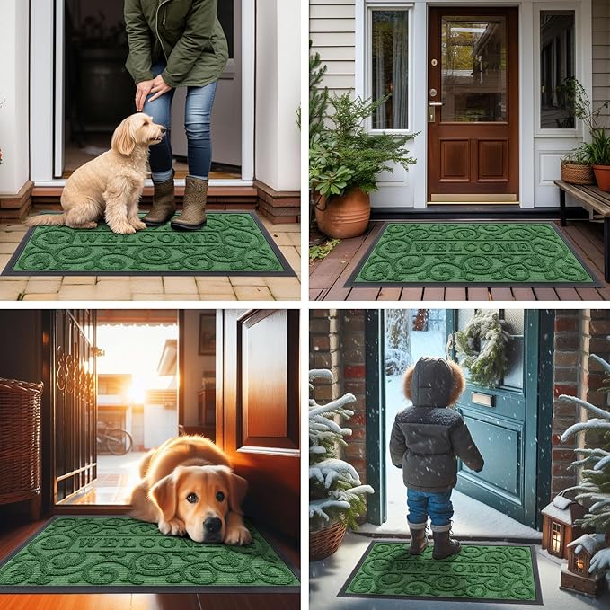 Smiry Welcome Door Mat Outside Entrance, Heavy Duty Trap Dirt and Moisture Easy Clean Low Profile Patio Porch Indoor Outdoor Front Doormat for Entry, 35x23 Inch, Green