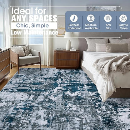 9x12 Area Rugs for Living Room Rug Washable: Abstract Large Rug for Dining Room Bedroom Carpet Non Slip 9 by 12 Indoor Modern Nursery Home Office Navy Grey