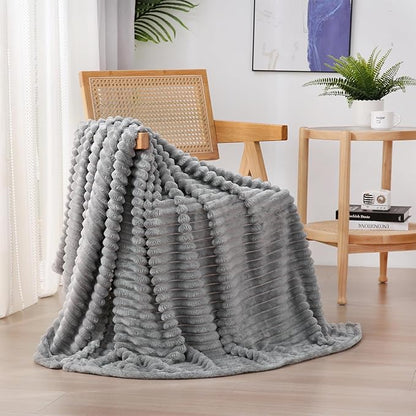 Grey Fleece Throw Blanket 60”×80” for Couch Sofa Bed,Super Soft Cozy Plush Microfiber Flannel Blanket with Stripes Design Lightweight for Adults,Woman,Girls