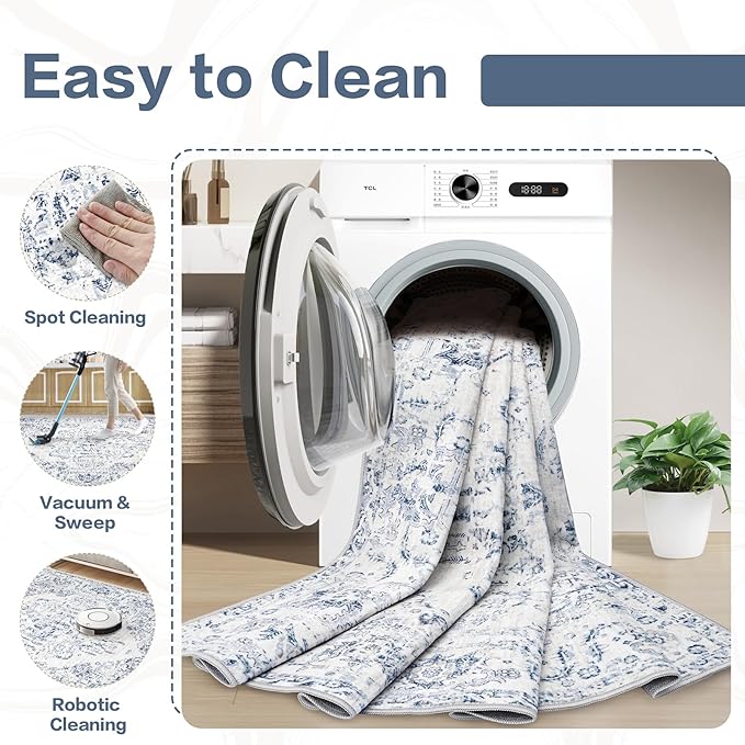 5x7 Area Rugs for Living Room: Washable Rug Vintage Large Rugs Soft Non Slip Low Pile Rug Floral Distressed Floor Carpet for Bedroom Kitchen Nursery Dining Room Home Office (Blue, 5'x7')